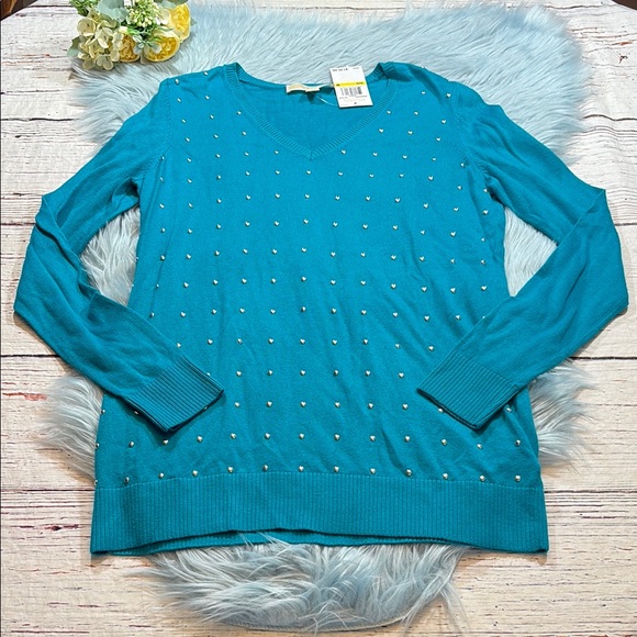 NWT Michael Michael Kors Silver Polka Dot Tile Blue V Neck Sweater sz M - Picture 1 of 9
